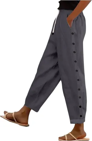 Women's Casual Lantern Harem Loose Elastic Waist Capris Pants Summer Buttons Stripe Print Slacks Trousers with Pocket