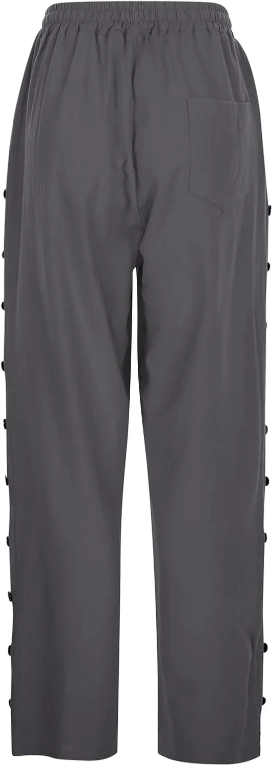 Women's Casual Lantern Harem Loose Elastic Waist Capris Pants Summer Buttons Stripe Print Slacks Trousers with Pocket
