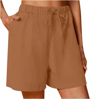 Womens Cotton Linen Shorts Casual Solid Drawstring Shorts Comfy Elastic High Waisted Shorts Summer Beach Shorts