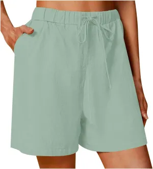 Womens Cotton Linen Shorts Casual Solid Drawstring Shorts Comfy Elastic High Waisted Shorts Summer Beach Shorts