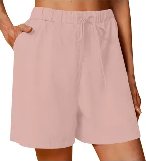 Womens Cotton Linen Shorts Casual Solid Drawstring Shorts Comfy Elastic High Waisted Shorts Summer Beach Shorts