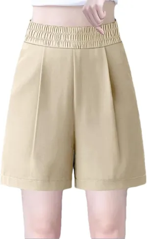 Womens Cotton Linen Shorts Casual Solid Wide Leg Shorts Comfy Elastic High Waisted Shorts Summer Beach Shorts