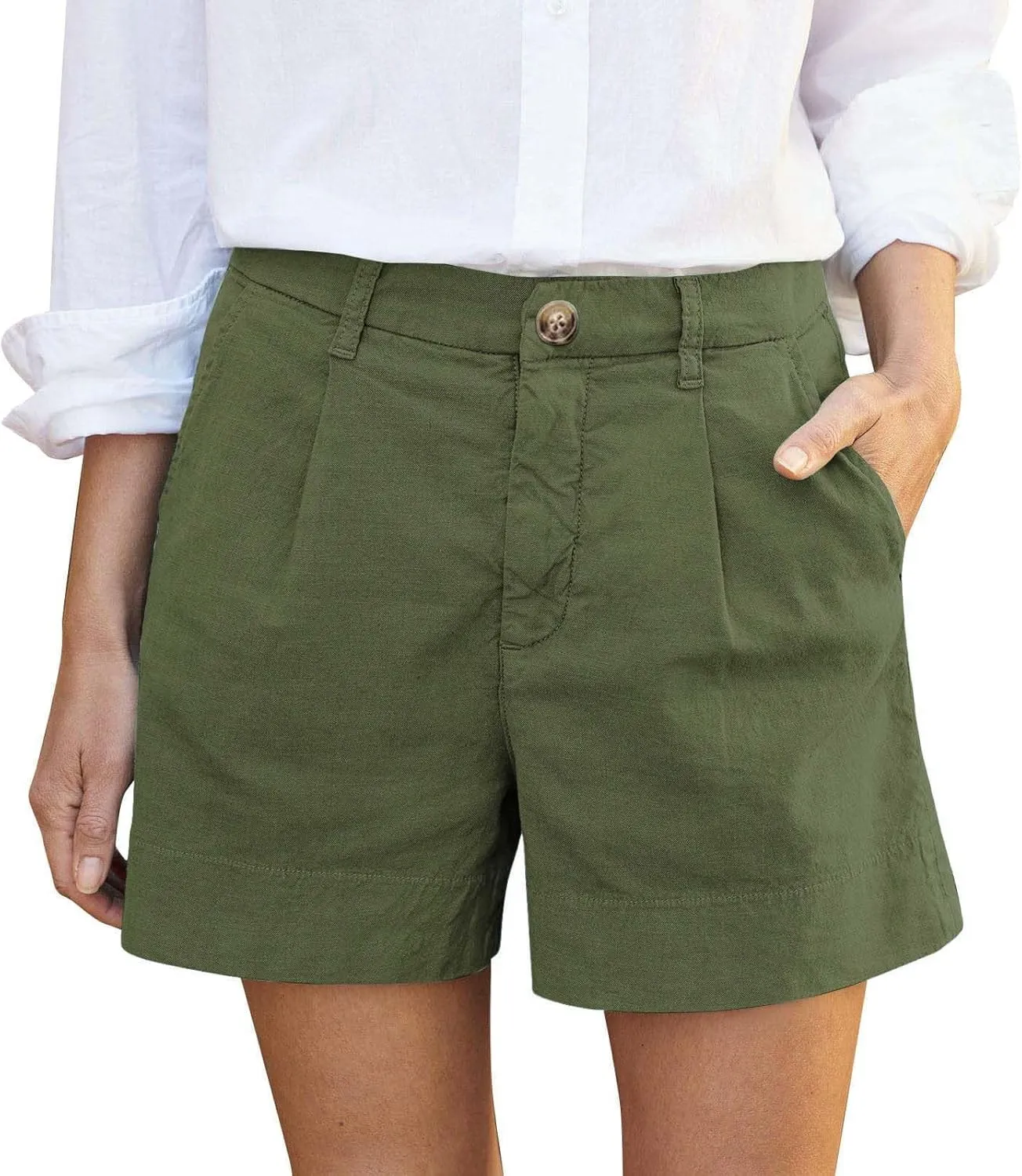 Womens Cotton Linen Shorts Summer Chino Shorts High Waisted Bermuda Shorts Dressy Wide Leg Shorts with Pockets
