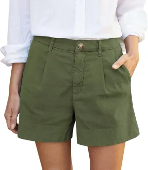 Womens Cotton Linen Shorts Summer Chino Shorts High Waisted Bermuda Shorts Dressy Wide Leg Shorts with Pockets