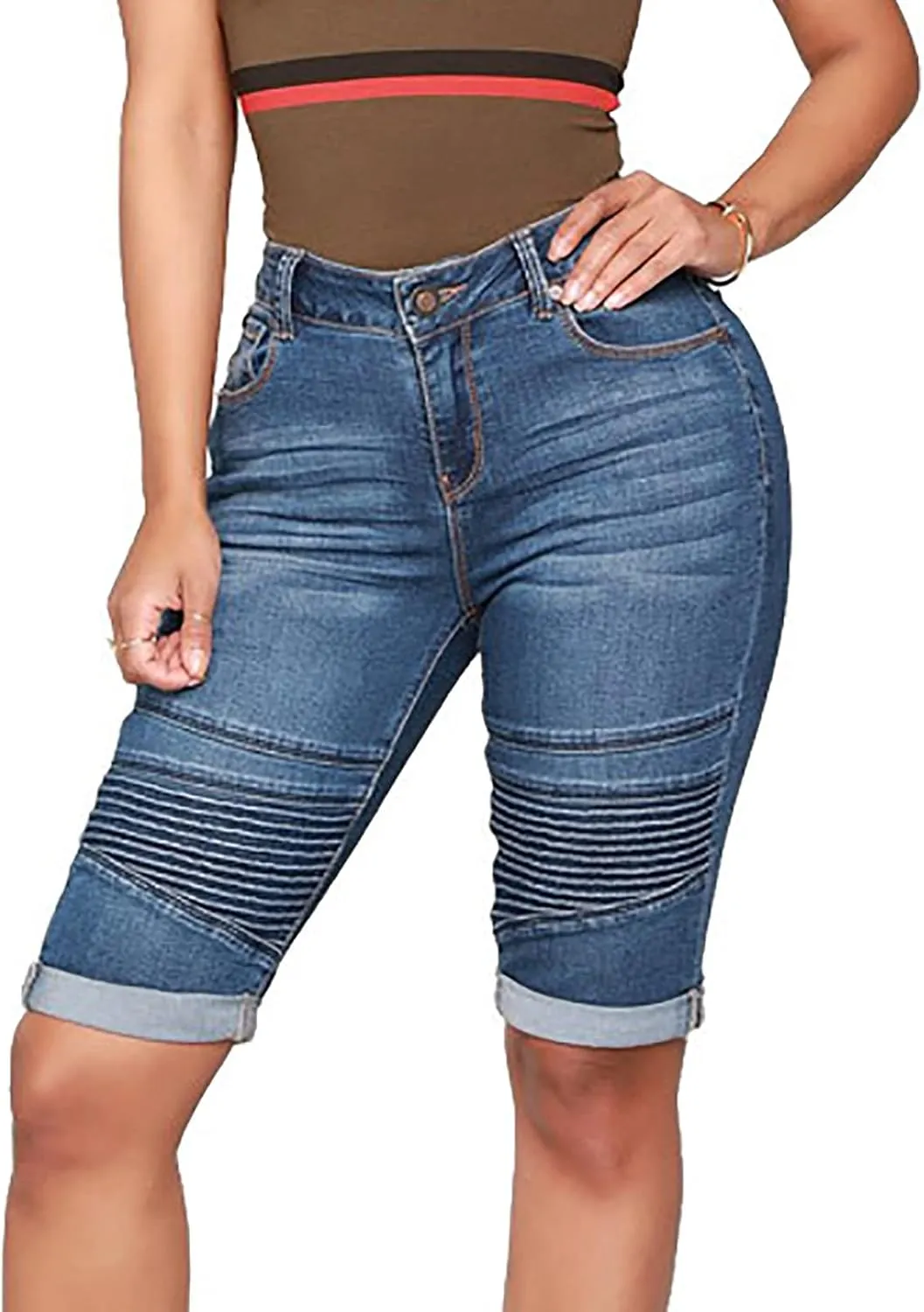 Womens Cut Off Denim Shorts Knee Length Jean Shorts Frayed Distressed Jean Shorts Mid Rise Shorts Comfy Stretchy