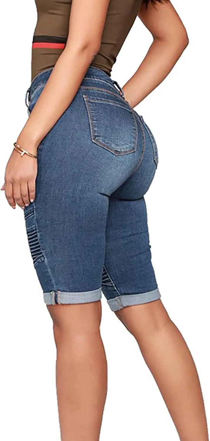 Womens Cut Off Denim Shorts Knee Length Jean Shorts Frayed Distressed Jean Shorts Mid Rise Shorts Comfy Stretchy