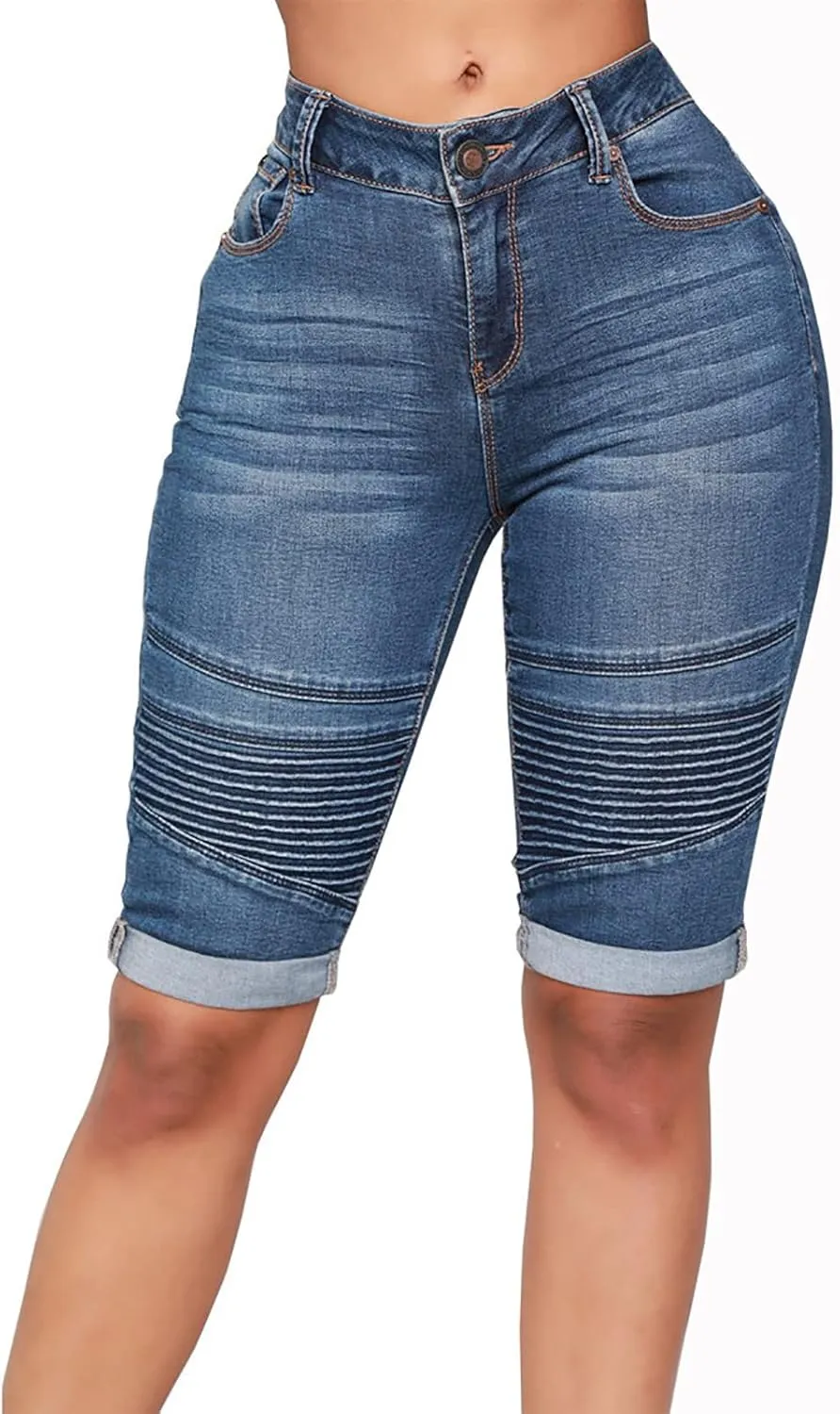 Womens Cut Off Denim Shorts Knee Length Jean Shorts Frayed Distressed Jean Shorts Mid Rise Shorts Comfy Stretchy