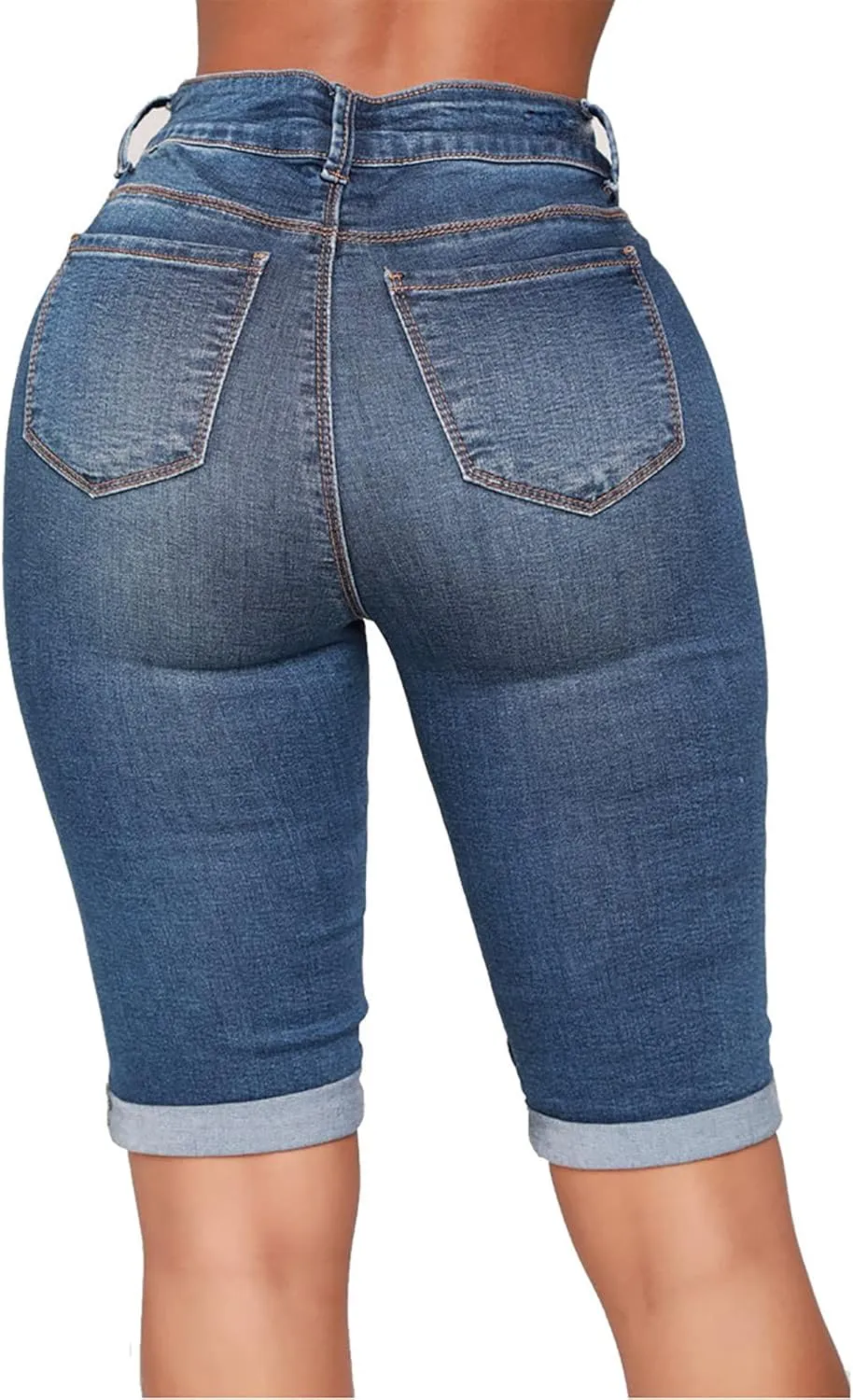 Womens Cut Off Denim Shorts Knee Length Jean Shorts Frayed Distressed Jean Shorts Mid Rise Shorts Comfy Stretchy
