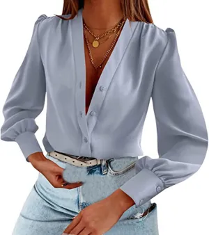 Womens Dress Shirts Summer Casual V Neck Long Sleeve Tops Lightweight Button Down Shirts Comfortable Loose Fit Blouses