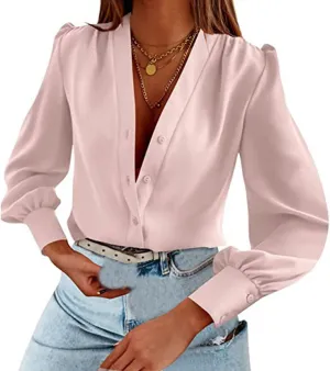 Womens Dress Shirts Summer Casual V Neck Long Sleeve Tops Lightweight Button Down Shirts Comfortable Loose Fit Blouses