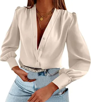 Womens Dress Shirts Summer Casual V Neck Long Sleeve Tops Lightweight Button Down Shirts Comfortable Loose Fit Blouses
