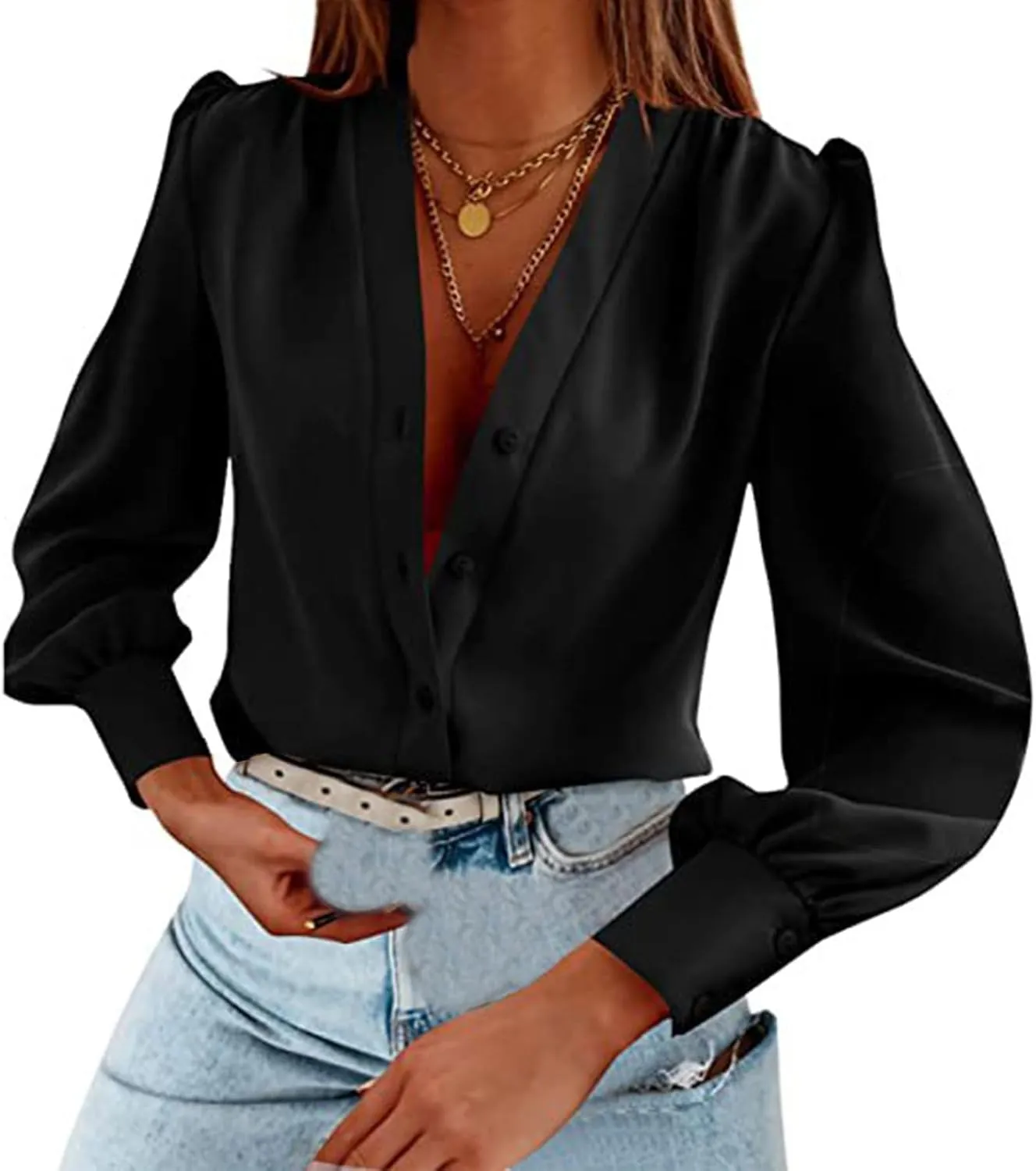 Womens Dress Shirts Summer Casual V Neck Long Sleeve Tops Lightweight Button Down Shirts Comfortable Loose Fit Blouses