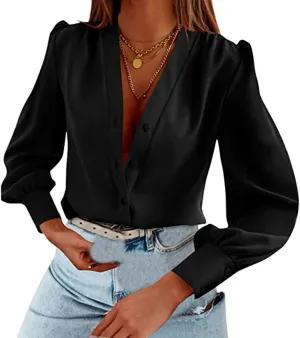 Womens Dress Shirts Summer Casual V Neck Long Sleeve Tops Lightweight Button Down Shirts Comfortable Loose Fit Blouses