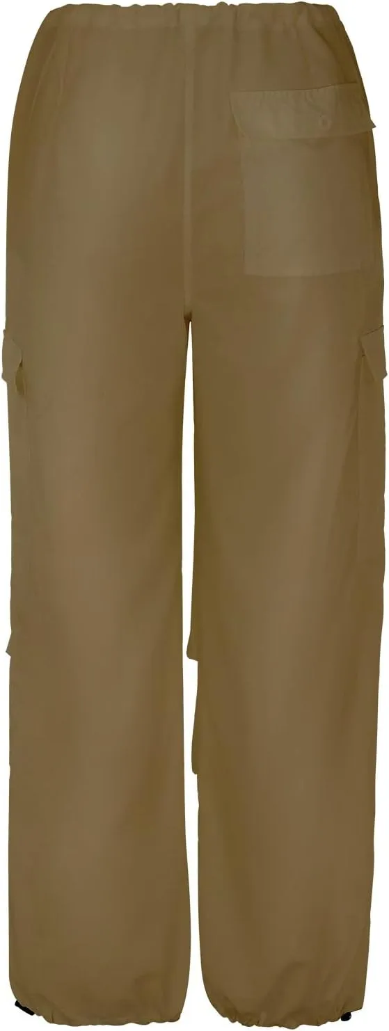 Women's Elastic Mid Waisted Drawstring Cargo Pants Solid Wide Straight Leg Casual Trousers Summer Street Lightweight Pants