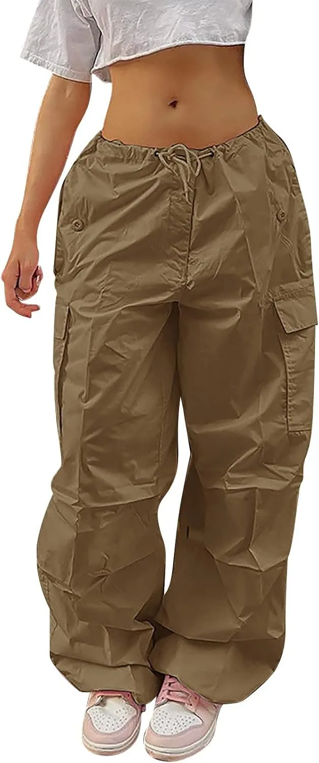 Women's Elastic Mid Waisted Drawstring Cargo Pants Solid Wide Straight Leg Casual Trousers Summer Street Lightweight Pants