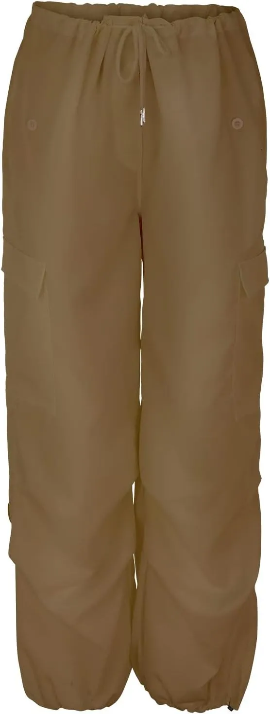Women's Elastic Mid Waisted Drawstring Cargo Pants Solid Wide Straight Leg Casual Trousers Summer Street Lightweight Pants