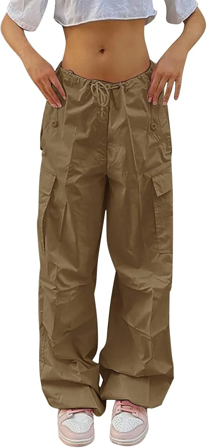 Women's Elastic Mid Waisted Drawstring Cargo Pants Solid Wide Straight Leg Casual Trousers Summer Street Lightweight Pants
