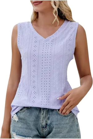 Women's Eyelet Tank Tops Casual Curved Hem Tunics V Neck Sleeveless Shirt Breathless Blouse 2025 Summer Office Wear
