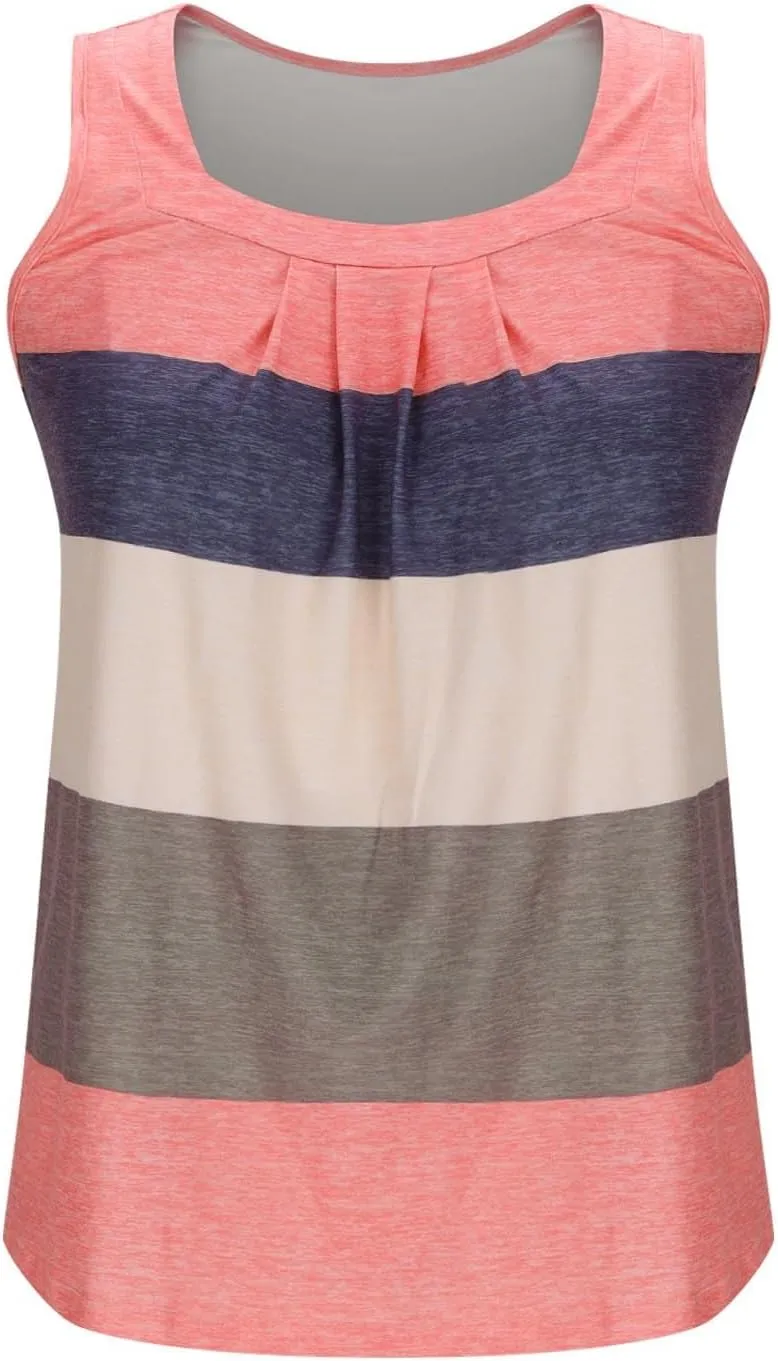 Women's Fashion Color Block Summer Tank Tops, Sleeveless Soft Comfy Loose Shirts Pleated Casual Going Out Clothes