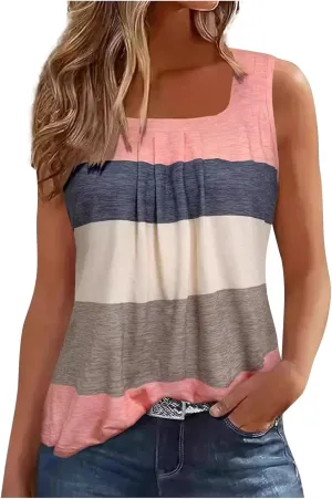 Women's Fashion Color Block Summer Tank Tops, Sleeveless Soft Comfy Loose Shirts Pleated Casual Going Out Clothes