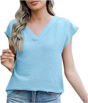 Womens Lightweight Cap Sleeve Tops Summer V Neck Tank Shirts Solid Color Basic Tee 2025 Fashion Casual Loose Fit Top