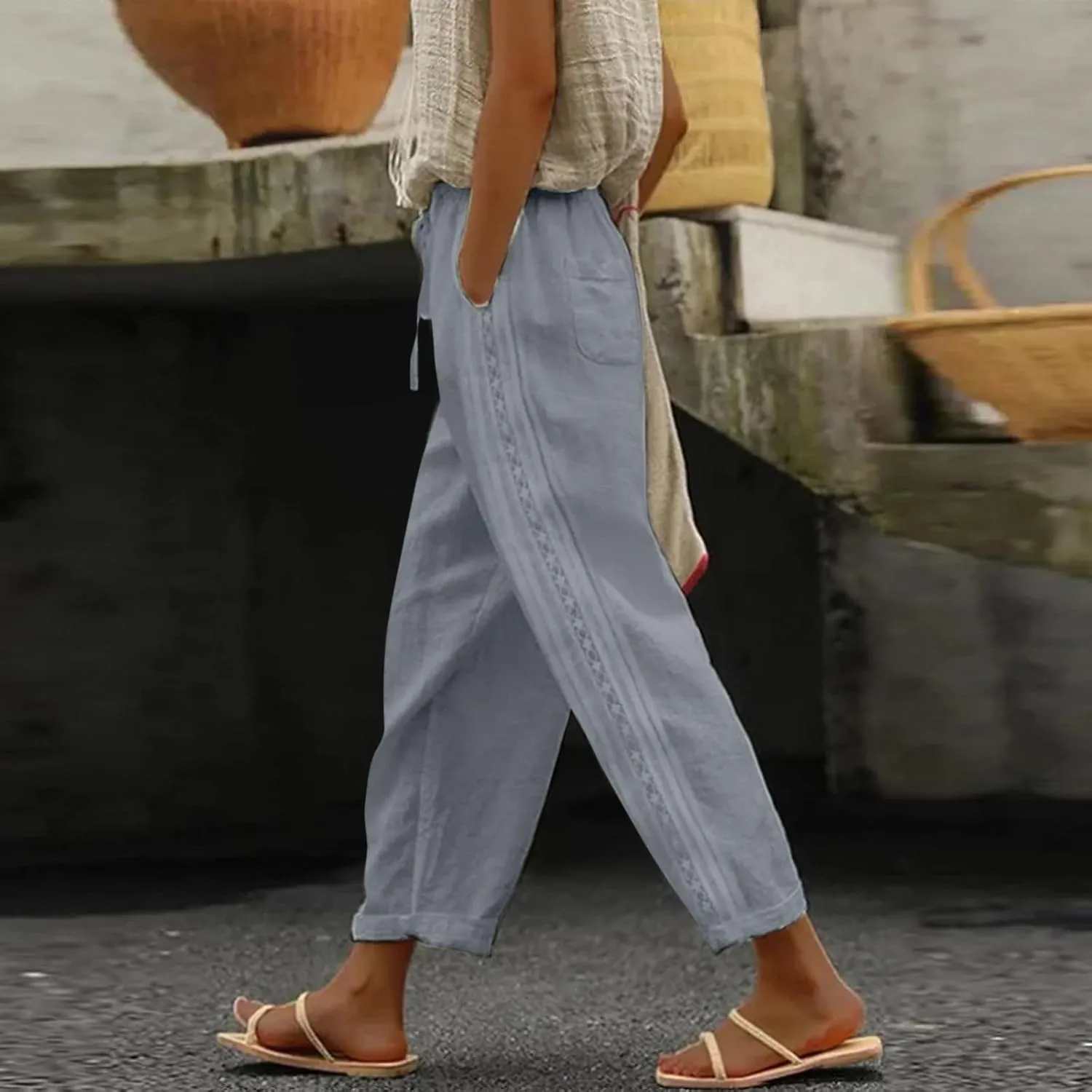 Women's Linen Pants Casual Loose High Waist Drawstring Straight Leg Lace Capri Cropped Pants Trousers with Pockets