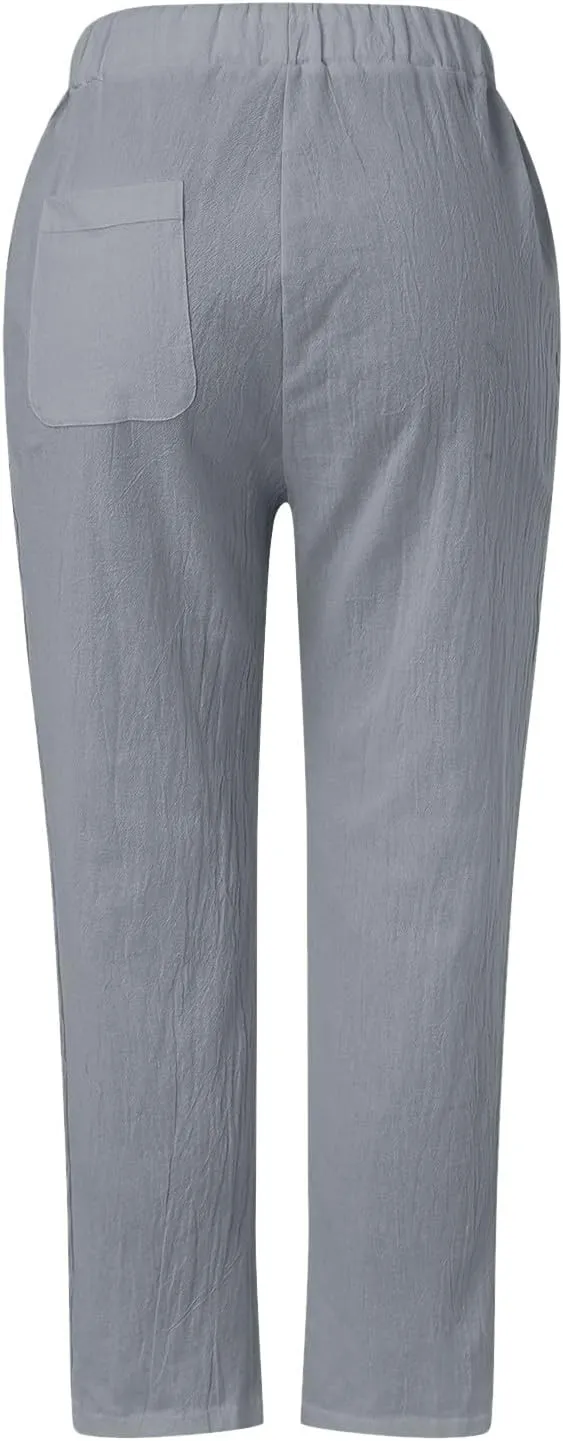 Women's Linen Pants Casual Loose High Waist Drawstring Straight Leg Lace Capri Cropped Pants Trousers with Pockets