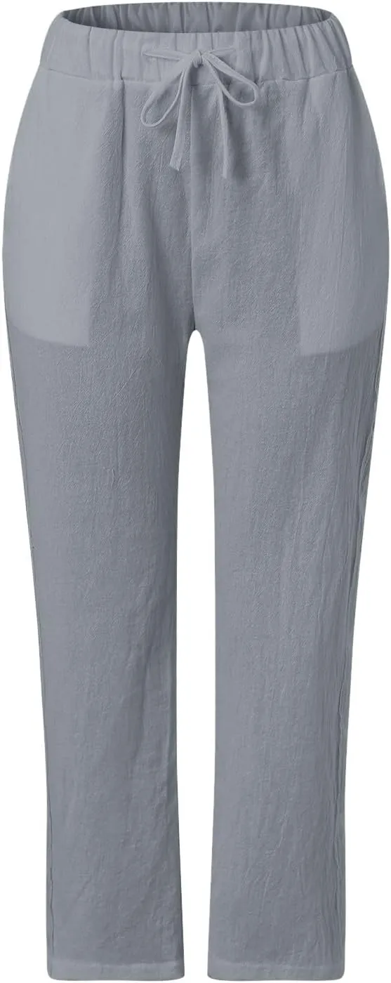 Women's Linen Pants Casual Loose High Waist Drawstring Straight Leg Lace Capri Cropped Pants Trousers with Pockets