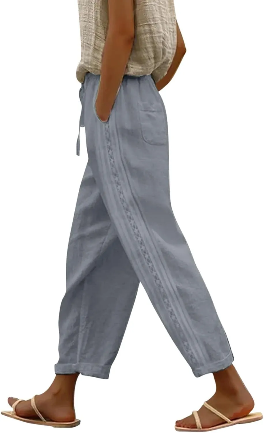 Women's Linen Pants Casual Loose High Waist Drawstring Straight Leg Lace Capri Cropped Pants Trousers with Pockets