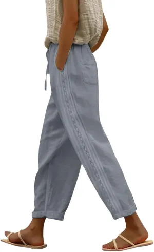 Women's Linen Pants Casual Loose High Waist Drawstring Straight Leg Lace Capri Cropped Pants Trousers with Pockets