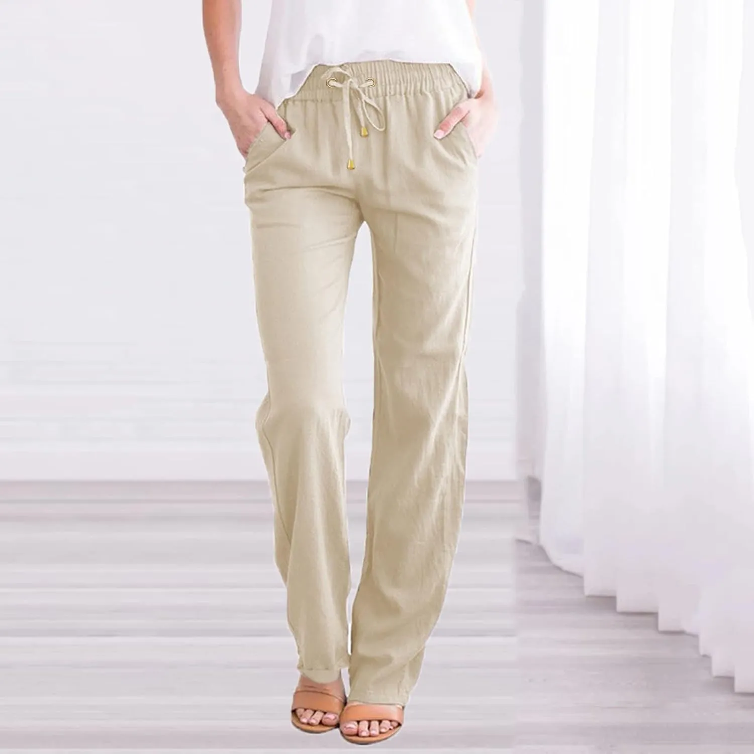 Women's Linen Pants Casual Pants 2024 Summer Drawstring Elastic Waist Trousers with Pockets Lounge Straight Pants