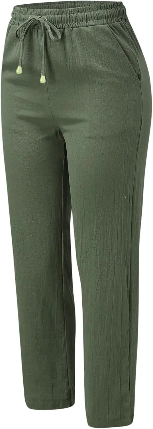 Women's Linen Pants Casual Pants 2024 Summer Drawstring Elastic Waist Trousers with Pockets Lounge Straight Pants