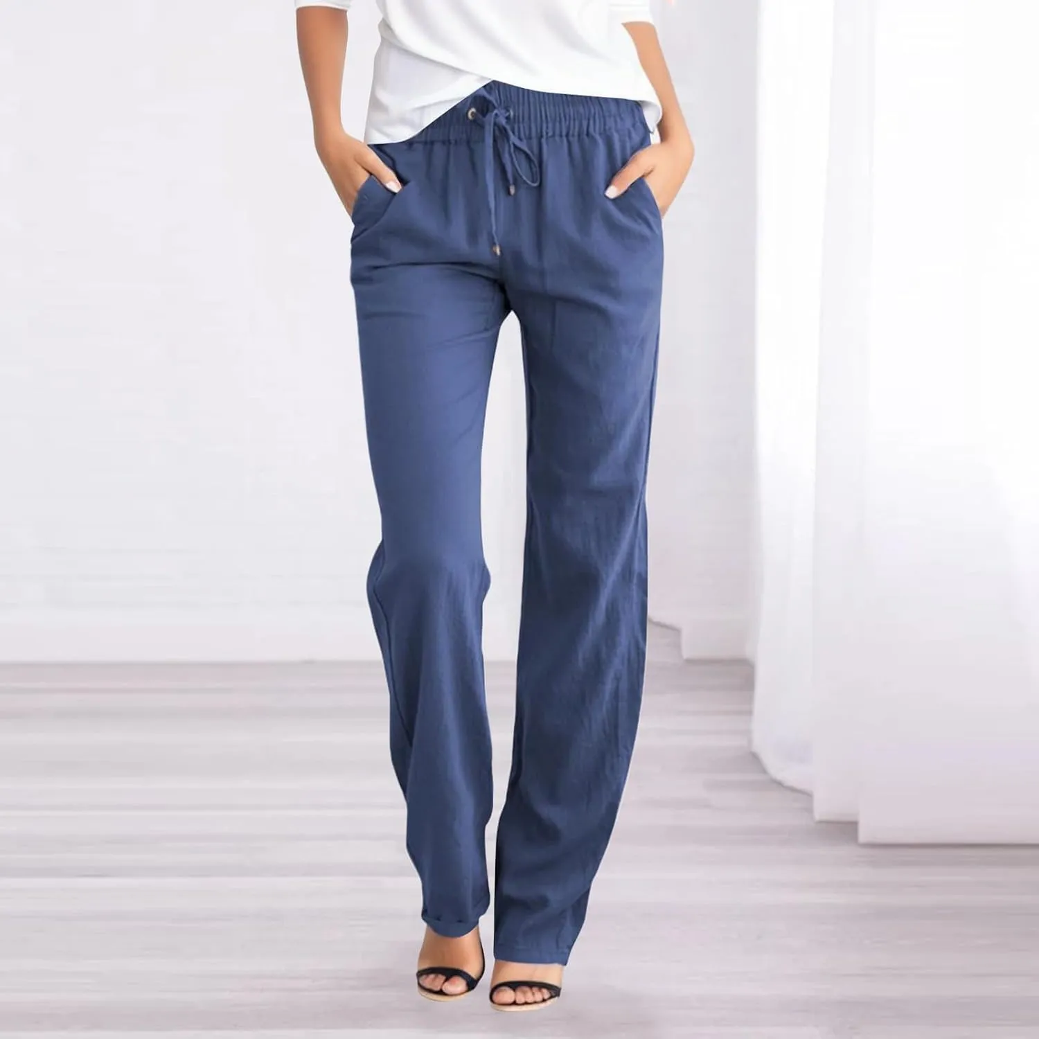 Women's Linen Pants Casual Pants 2024 Summer Drawstring Elastic Waist Trousers with Pockets Lounge Straight Pants