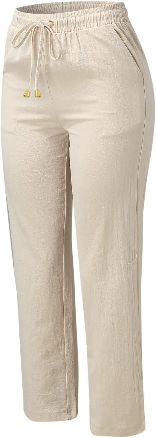 Women's Linen Pants Casual Pants 2024 Summer Drawstring Elastic Waist Trousers with Pockets Lounge Straight Pants