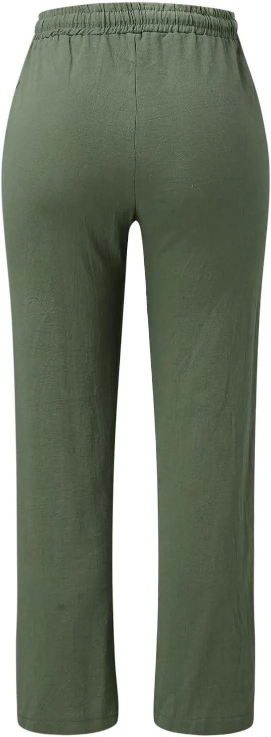 Women's Linen Pants Casual Pants 2024 Summer Drawstring Elastic Waist Trousers with Pockets Lounge Straight Pants