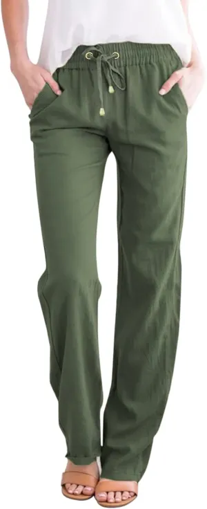 Women's Linen Pants Casual Pants 2024 Summer Drawstring Elastic Waist Trousers with Pockets Lounge Straight Pants