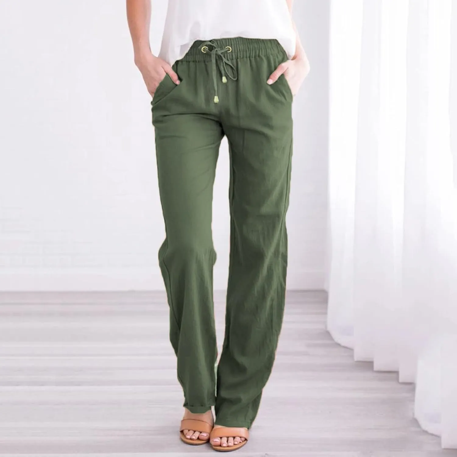 Women's Linen Pants Casual Pants 2024 Summer Drawstring Elastic Waist Trousers with Pockets Lounge Straight Pants