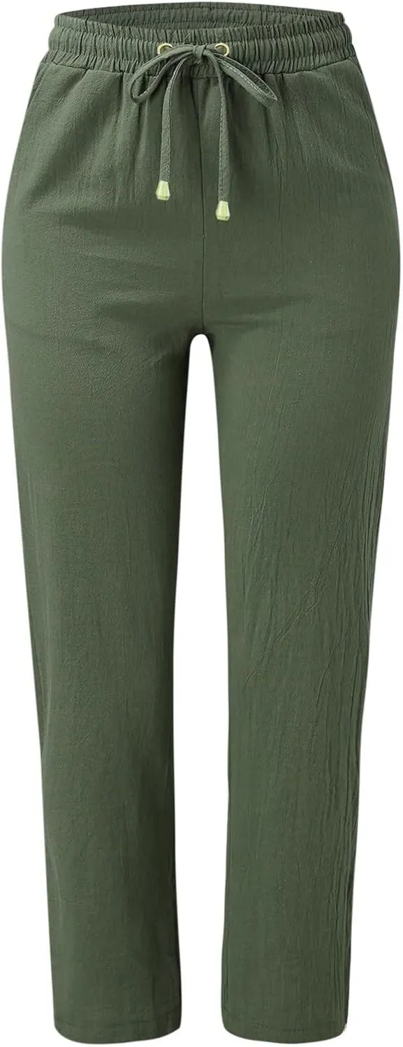 Women's Linen Pants Casual Pants 2024 Summer Drawstring Elastic Waist Trousers with Pockets Lounge Straight Pants