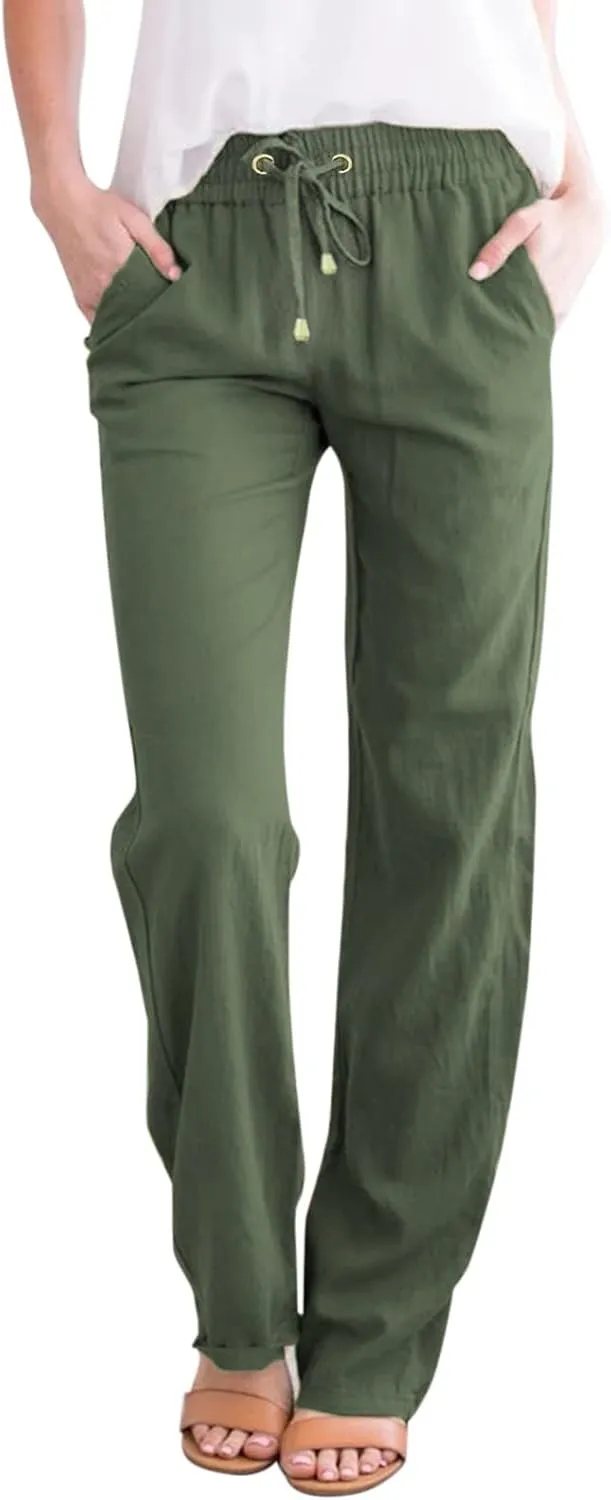 Women's Linen Pants Casual Pants 2024 Summer Drawstring Elastic Waist Trousers with Pockets Lounge Straight Pants