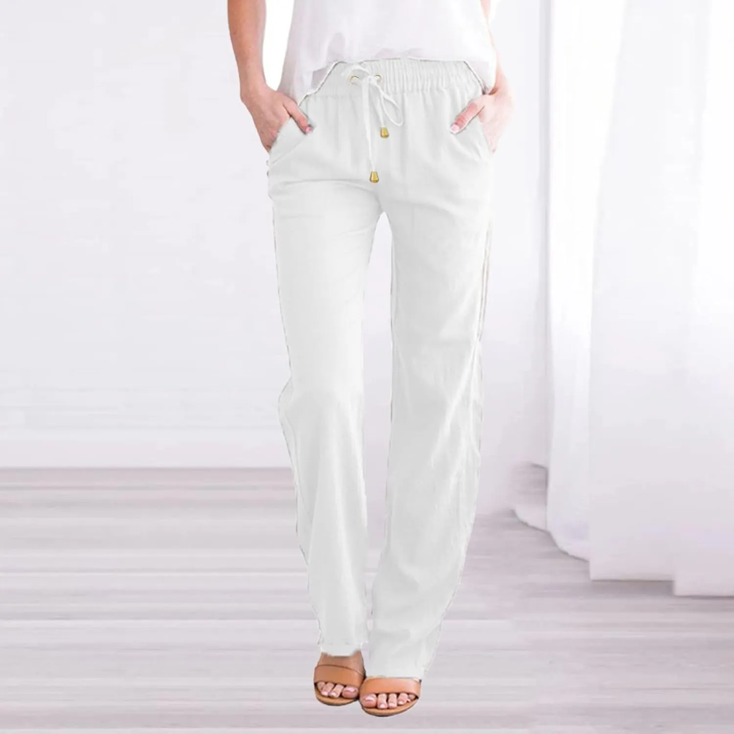 Women's Linen Pants Casual Pants 2024 Summer Drawstring Elastic Waist Trousers with Pockets Lounge Straight Pants
