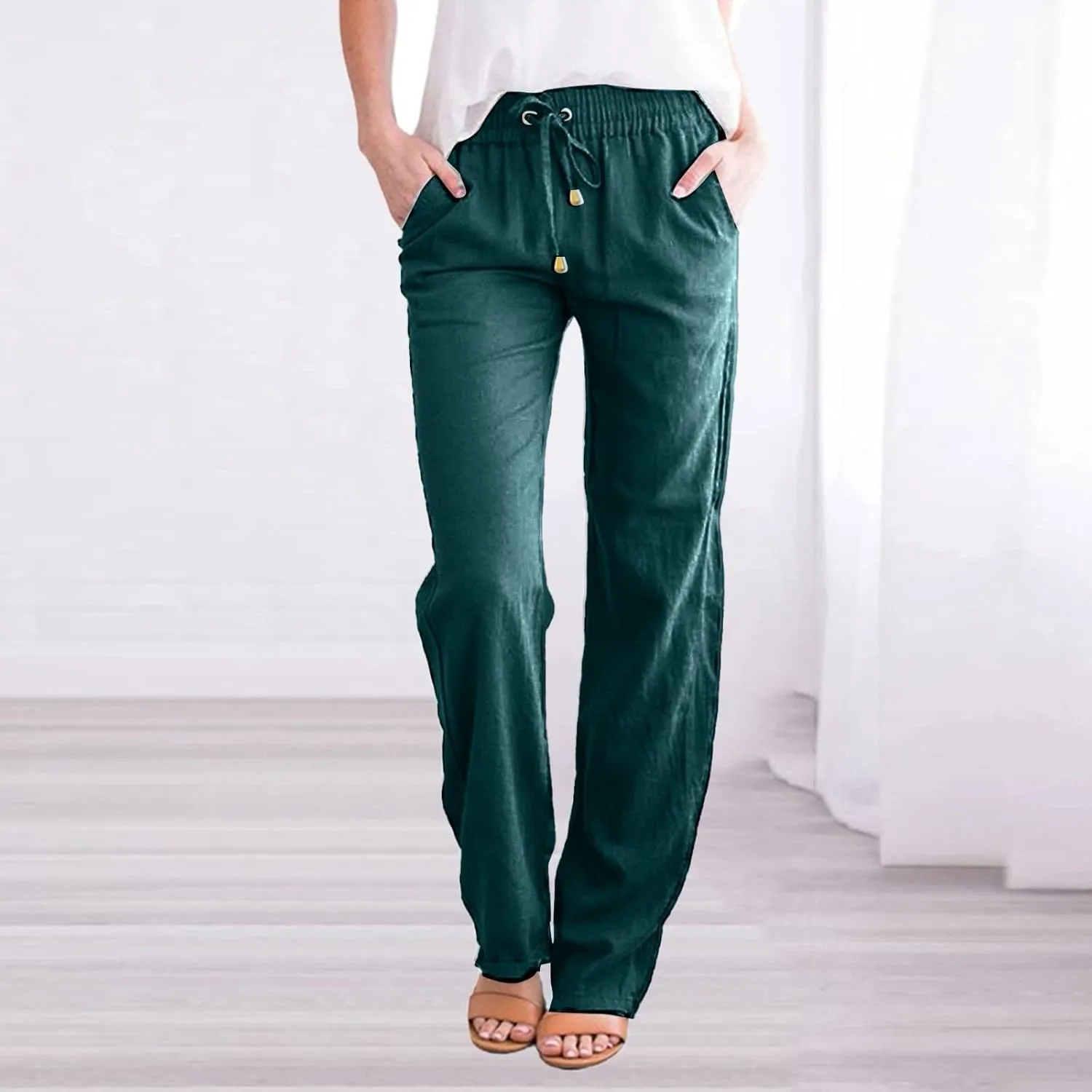 Women's Linen Pants Casual Pants 2024 Summer Drawstring Elastic Waist Trousers with Pockets Lounge Straight Pants