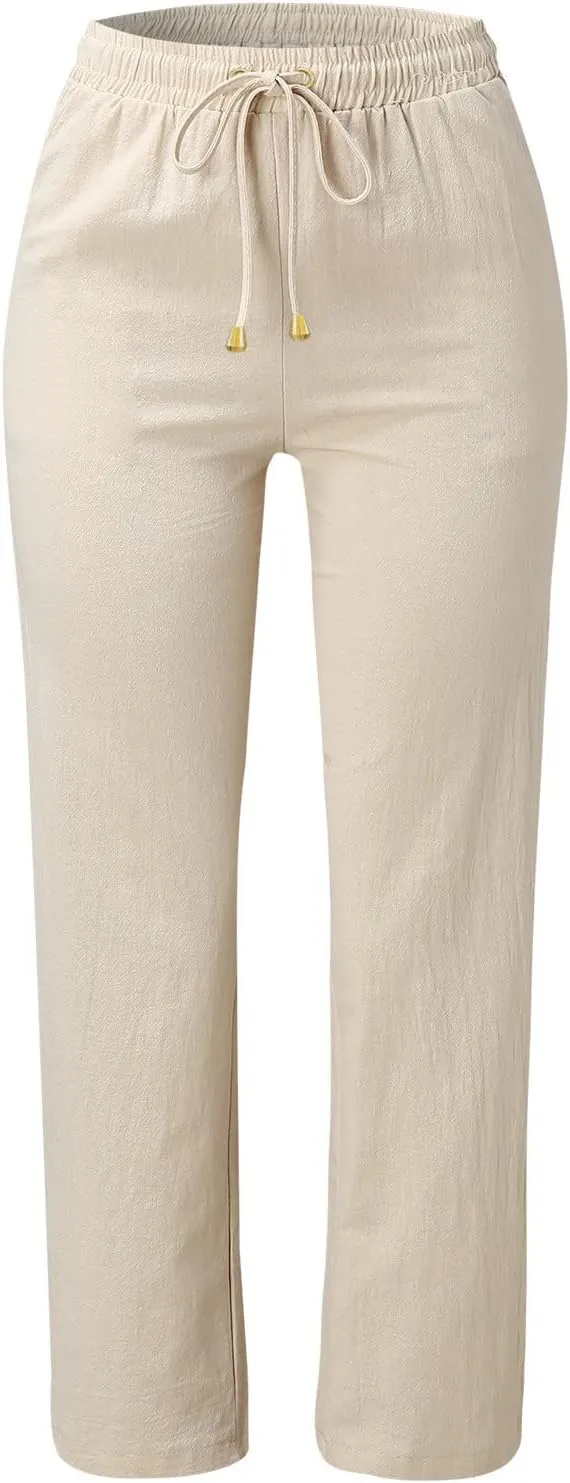 Women's Linen Pants Casual Pants 2024 Summer Drawstring Elastic Waist Trousers with Pockets Lounge Straight Pants