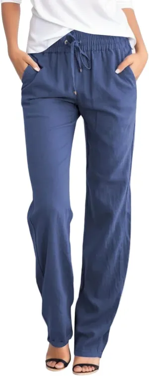 Women's Linen Pants Casual Pants 2024 Summer Drawstring Elastic Waist Trousers with Pockets Lounge Straight Pants
