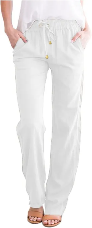Women's Linen Pants Casual Pants 2024 Summer Drawstring Elastic Waist Trousers with Pockets Lounge Straight Pants