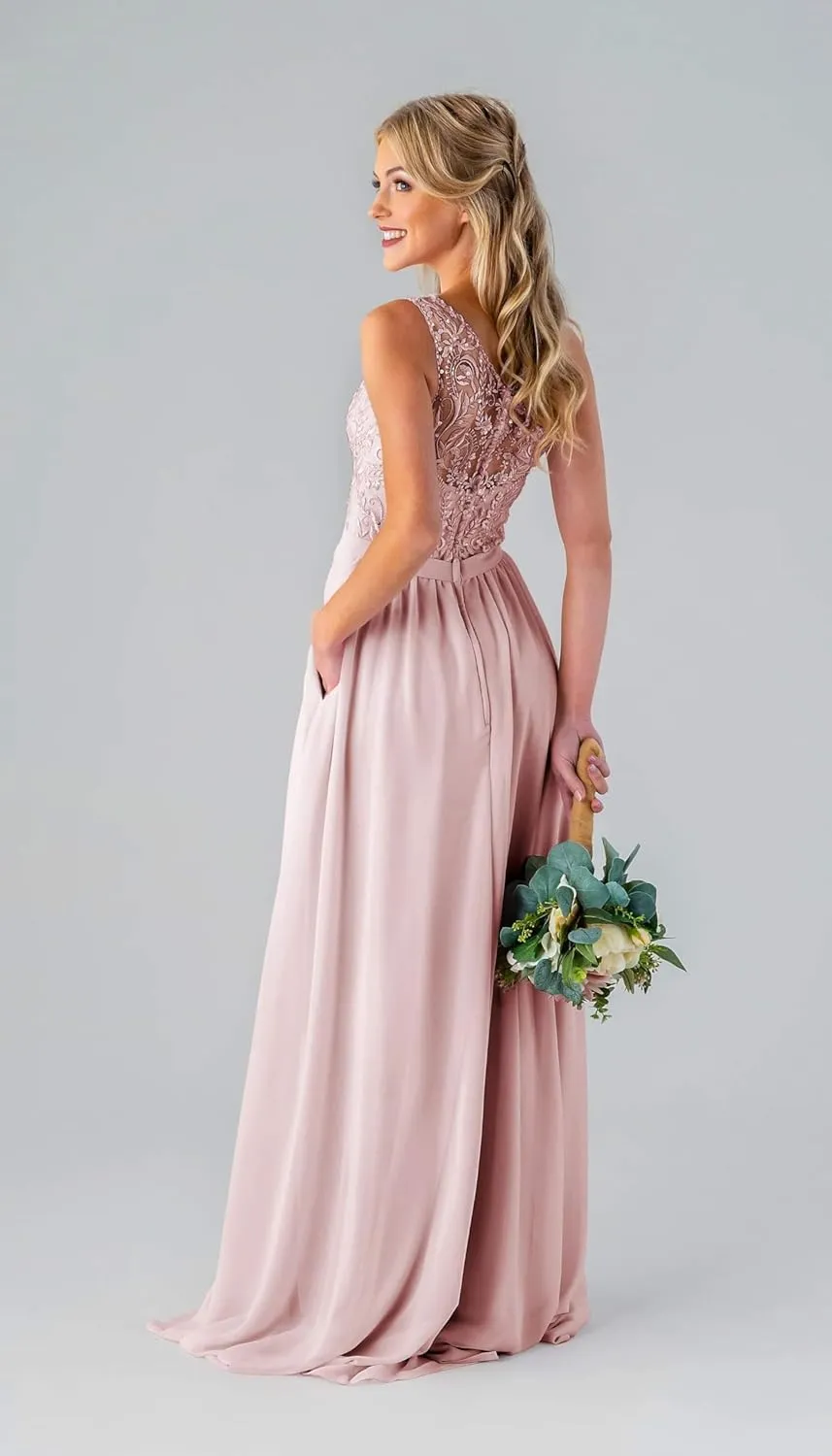Women's One Shoulder Bridesmaid Dresses Long for Wedding with Pockets Lace Bodice A-Line Chiffon Formal Party Gown