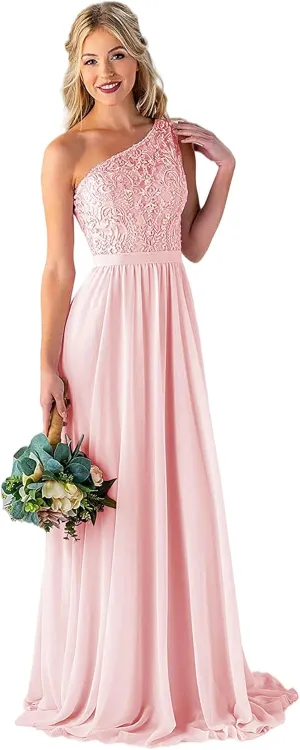 Women's One Shoulder Bridesmaid Dresses Long for Wedding with Pockets Lace Bodice A-Line Chiffon Formal Party Gown