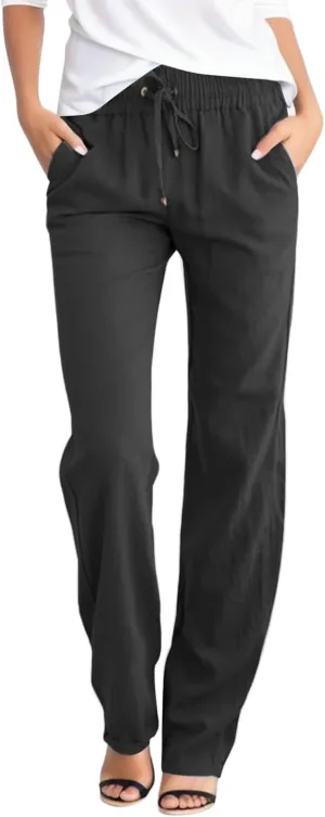 Womens Pants Dressy Casual Women's Linen Pants Summer Drawstring Elastic Waist Trousers with Pockets Straight Pants