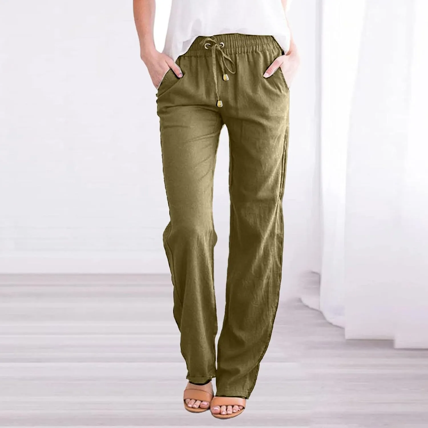 Womens Pants Dressy Casual Women's Linen Pants Summer Drawstring Elastic Waist Trousers with Pockets Straight Pants