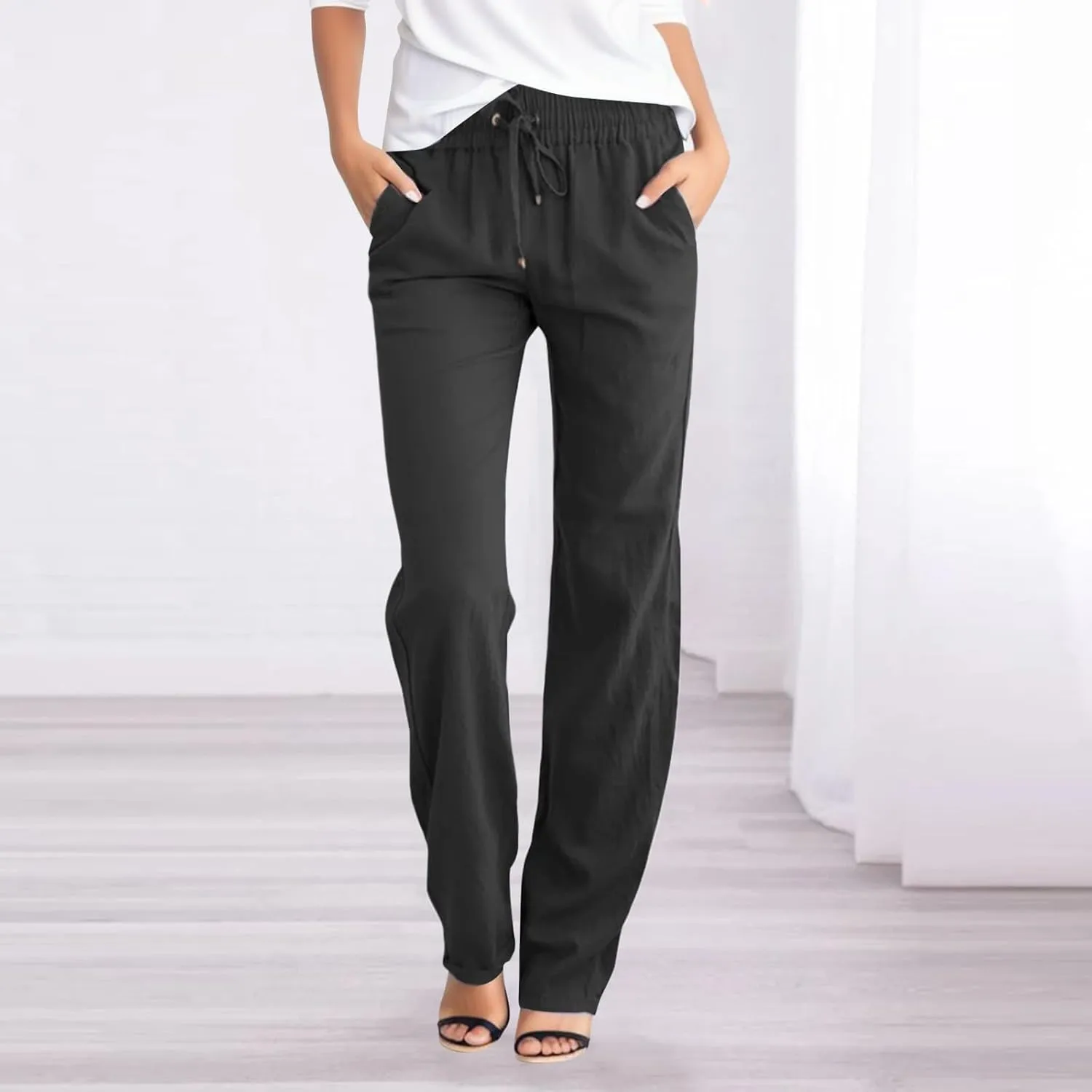 Womens Pants Dressy Casual Women's Linen Pants Summer Drawstring Elastic Waist Trousers with Pockets Straight Pants