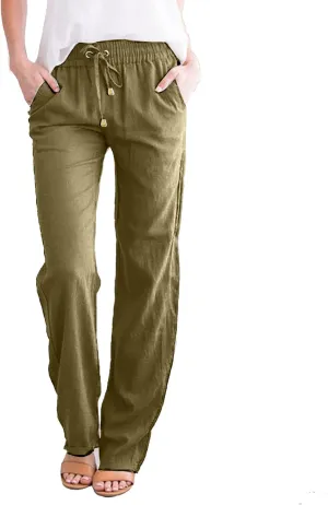 Womens Pants Dressy Casual Women's Linen Pants Summer Drawstring Elastic Waist Trousers with Pockets Straight Pants